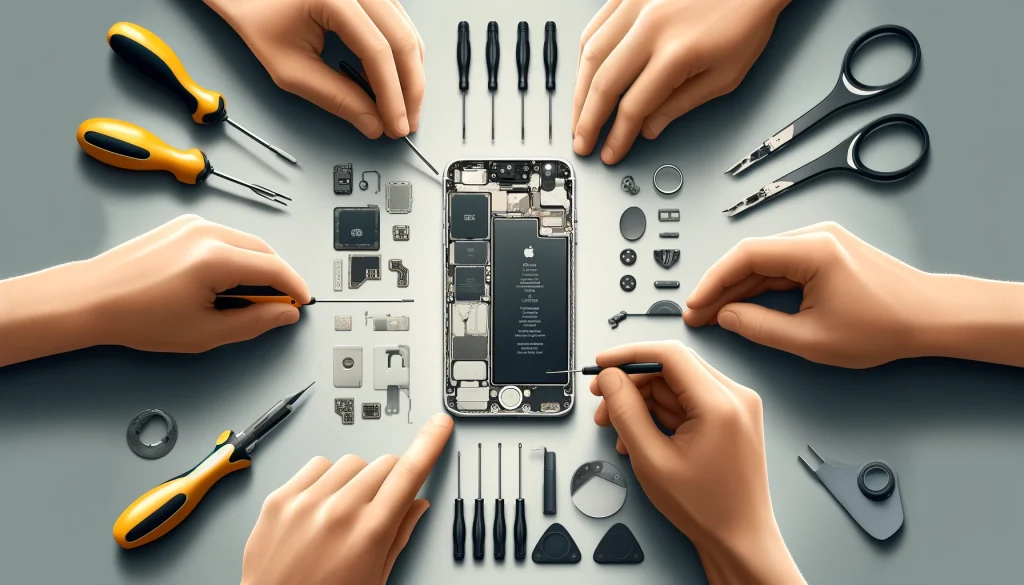 iPhone修理工程の横長画像: 修理の各ステップを示す連続的な手順が描かれています。